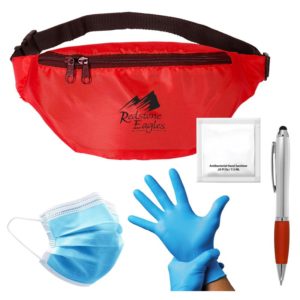 PPE kit with fanny pack, hand sanitizer, pen and gloves