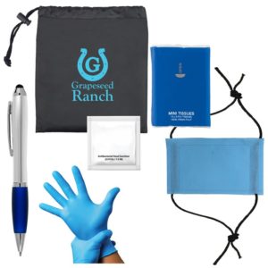 PPE kit with pouch, tissues, and gloves